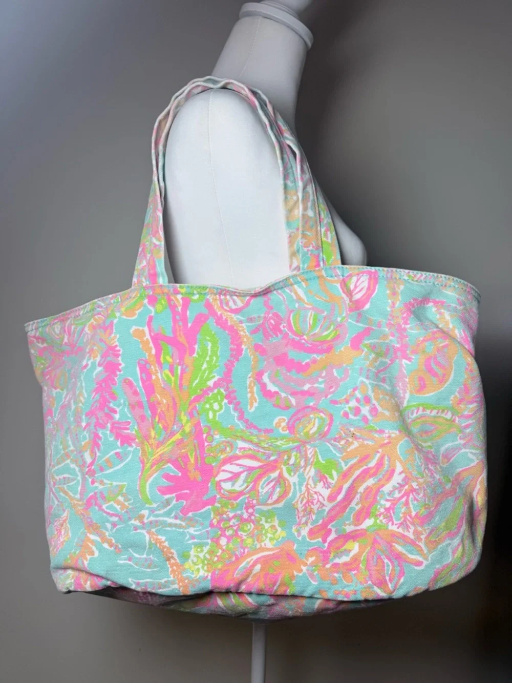 Lilly Pulitzer Tote Bag Tropical Pink Aqua Beach Large Canvas Bag Summer Preppy - Picture 2 of 6